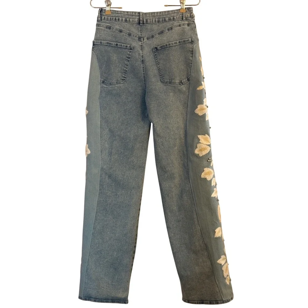 Blue B Collection Floral Embroidered Rhinestone Jeans Straight Leg Womens M - Picture 4 of 9